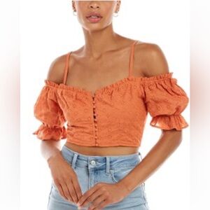 Kerrick Women's Orange Puff sleeve Eyelet Top